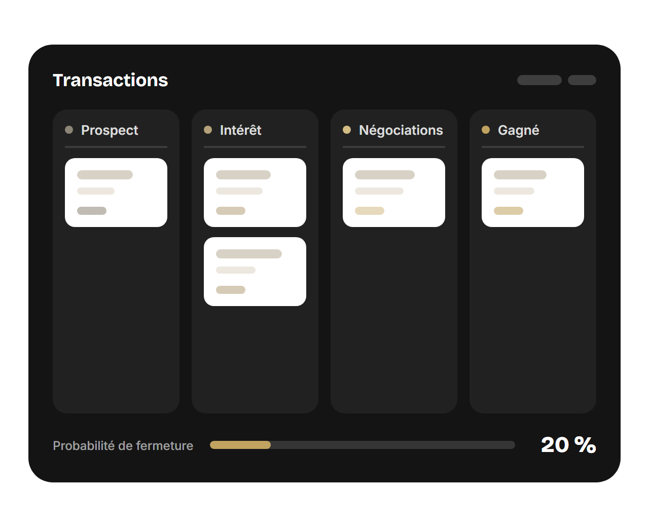 Animation du tableau des transactions de Prosco : une transaction passe de Prospect à Intérêt, Négociations puis Gagné, et sa probabilité de fermeture monte jusqu'à 100 %.